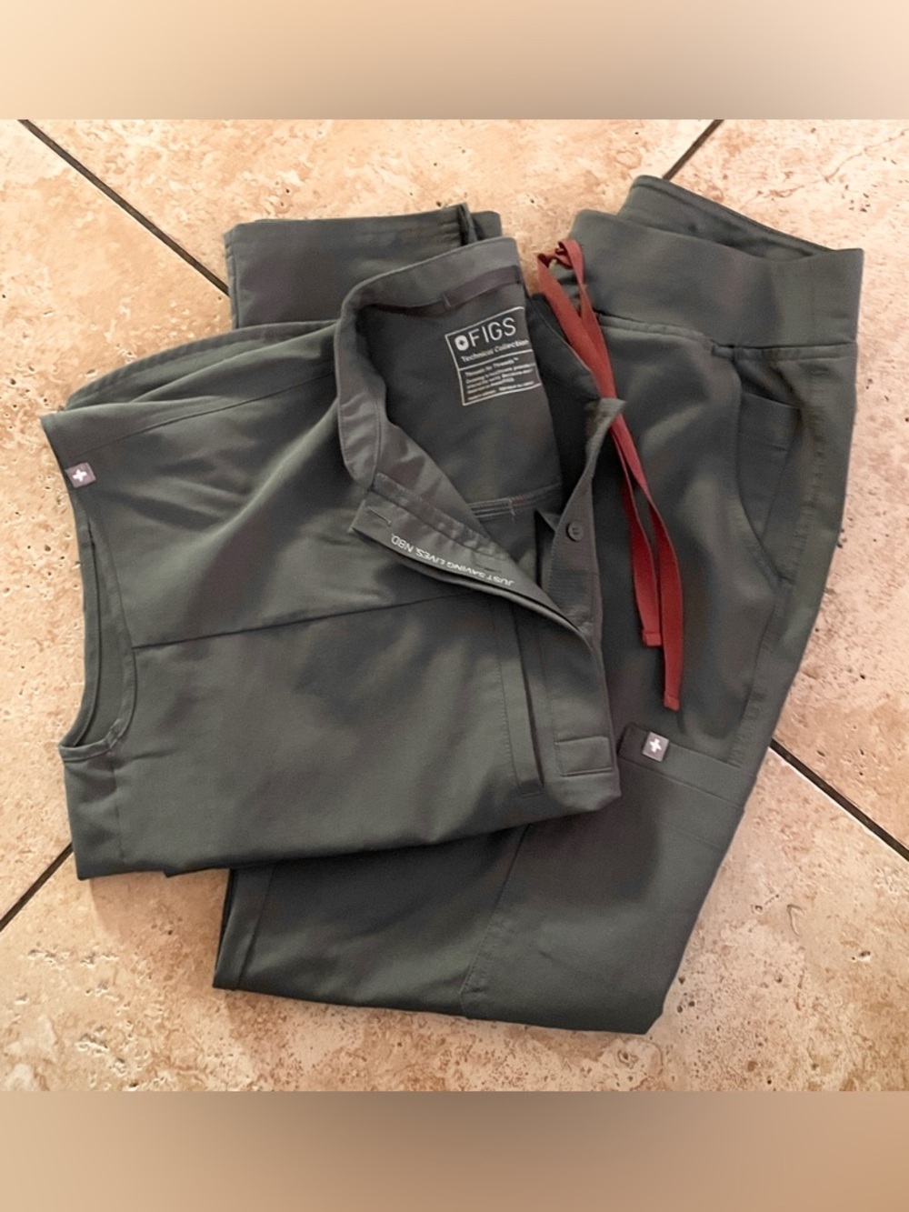 FIGS Women’s Scrub Pants and Top in Olive Green with Maroon Drawstring
